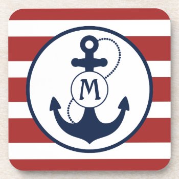 Red And Blue Nautical Anchor Monogram Drink Coaster by snowfinch at Zazzle