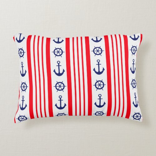 Red and Blue Nautical Anchors and Ships Wheel Accent Pillow