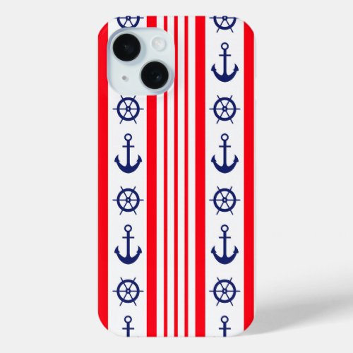 Red and Blue Nautical Anchors and Ships Wheel iPhone 15 Case