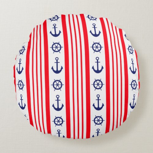 Red and Blue Nautical Anchors and Ships Wheel Round Pillow