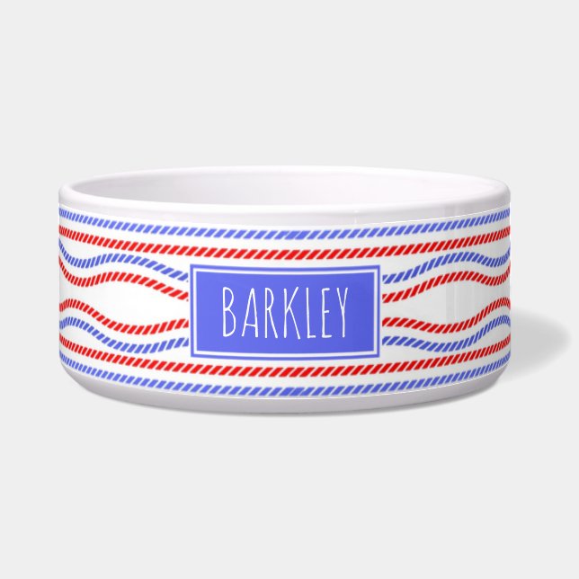 Red and Blue Nautical Ropes Striped Name Bowl (Front)