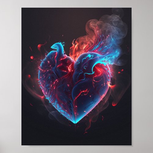 Red and Blue Neon Heart  Poster