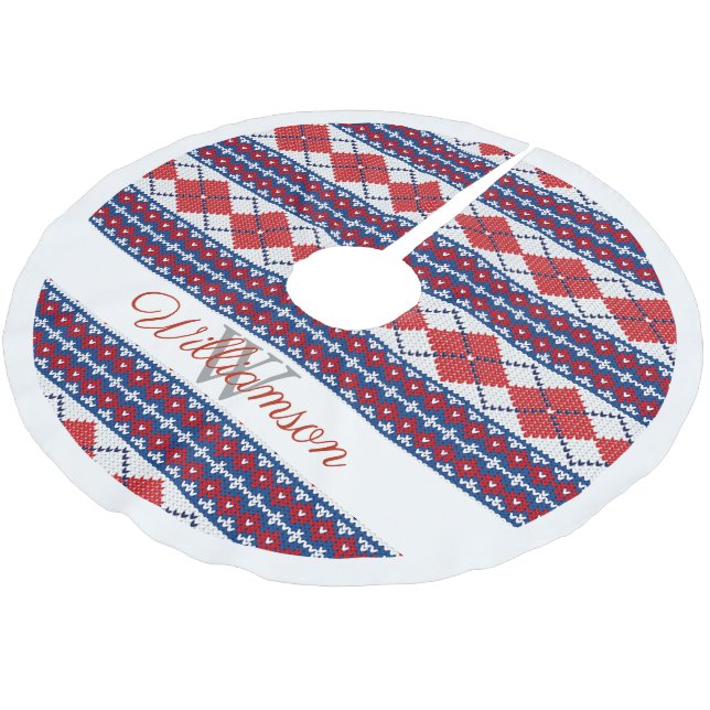 Red and Blue Nordic Fair Isle Argyle Family Name Brushed Polyester Tree Skirt (Angled)