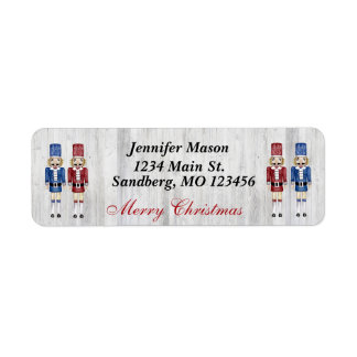 Red and Blue Nutcrackers on Rustic Gray Barnboards Label