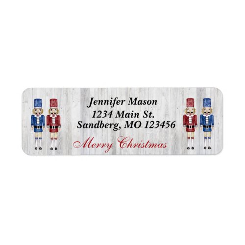 Red and Blue Nutcrackers on Rustic Gray Barnboards Label