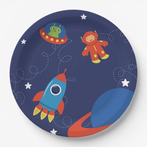 Red and Blue Outer Space Kids Paper Plate