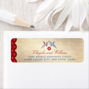 Red And Blue Paper Cranes Scallop Pattern Wedding Label