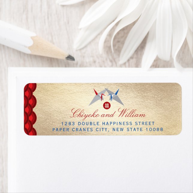 Red And Blue Paper Cranes Scallop Pattern Wedding Label (Insitu)