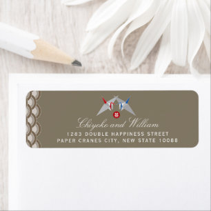 Red And Blue Paper Cranes Scallop Pattern Wedding Label