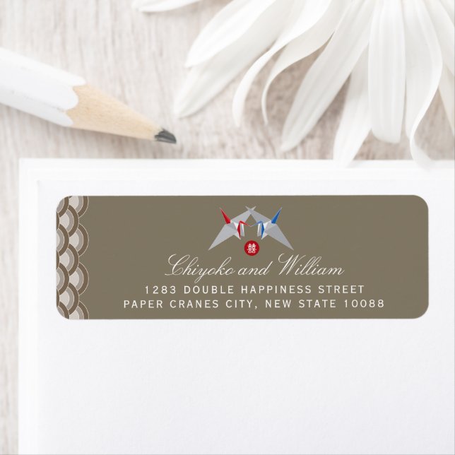 Red And Blue Paper Cranes Scallop Pattern Wedding Label (Insitu)