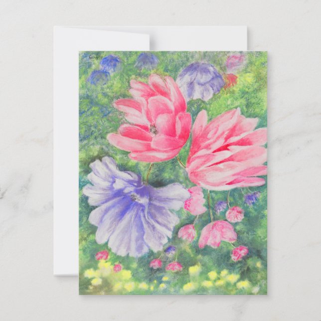 Red and Blue pastel Garden blooms yellow accents Note Card (Front)