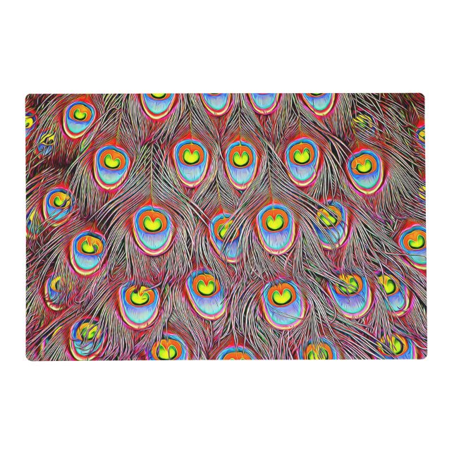 Red and blue peacock feathers animal pattern placemat (Back)