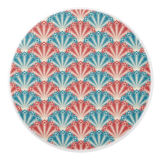 Red and Blue Peacock Tail Pattern Ceramic Knob (Front)