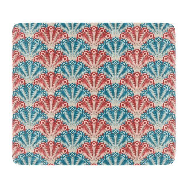 Red and Blue Peacock Tail Pattern Cutting Board (Front)