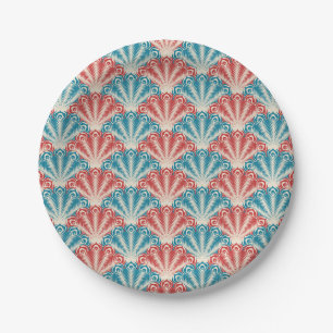 Red and Blue Peacock Tail Pattern Paper Plates