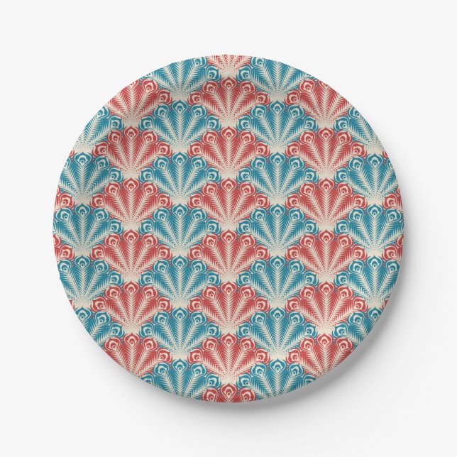 Red and Blue Peacock Tail Pattern Paper Plates (Front)
