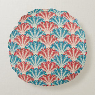 Red and Blue Peacock Tail Pattern Round Pillow