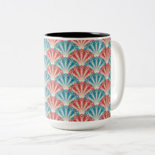 Red and Blue Peacock Tail Pattern Two-Tone Coffee Mug