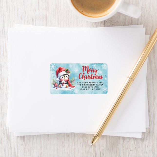 Red and Blue Penguin Personalized Christmas Label (Insitu)