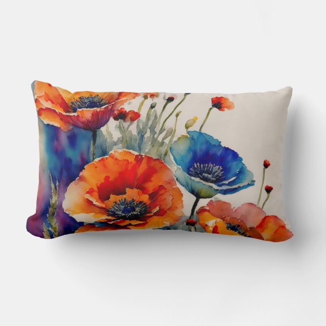 Red and Blue Poppies Lumbar Pillow (Front)