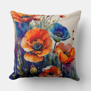 Red and Blue Poppies Throw Pillow