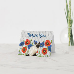 Red and Blue Poppies with Siamese Cat Letterpress Thank You Card