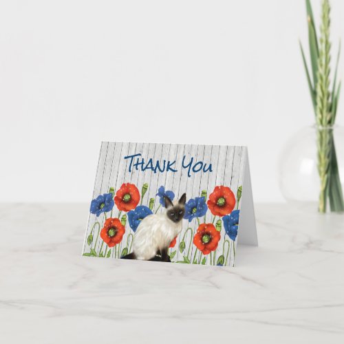 Red and Blue Poppies with Siamese Cat Thank You Card