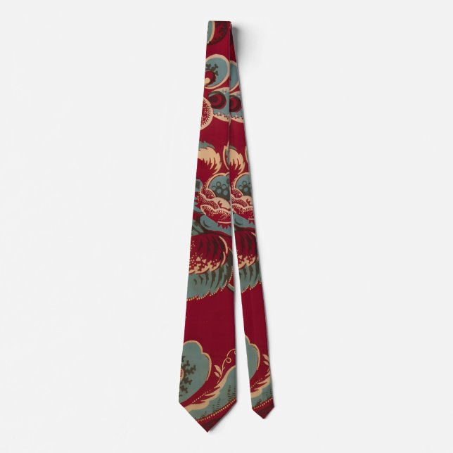 Red and Blue Retro Floral Design Neck Tie (Front)
