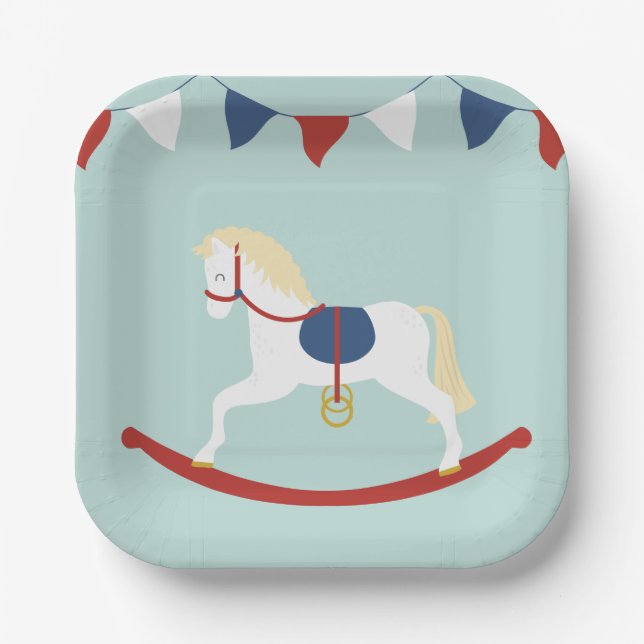 Red and Blue Rocking Horse Paper Plates (Front)