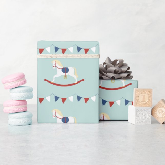 Red and Blue Rocking Horse Wrapping Paper (Baby Shower)