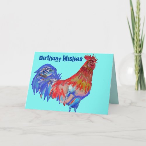 Red and Blue Rooster Watercolor Card Aqua Cockerel