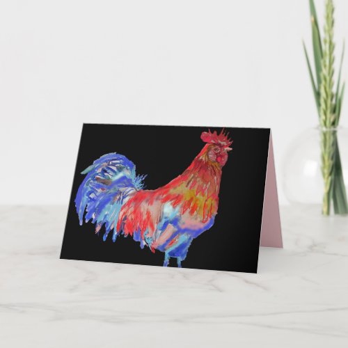Red and Blue Rooster Watercolor Card Black