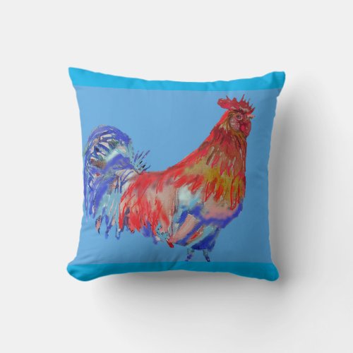 Red and Blue Rooster Watercolor Cushion