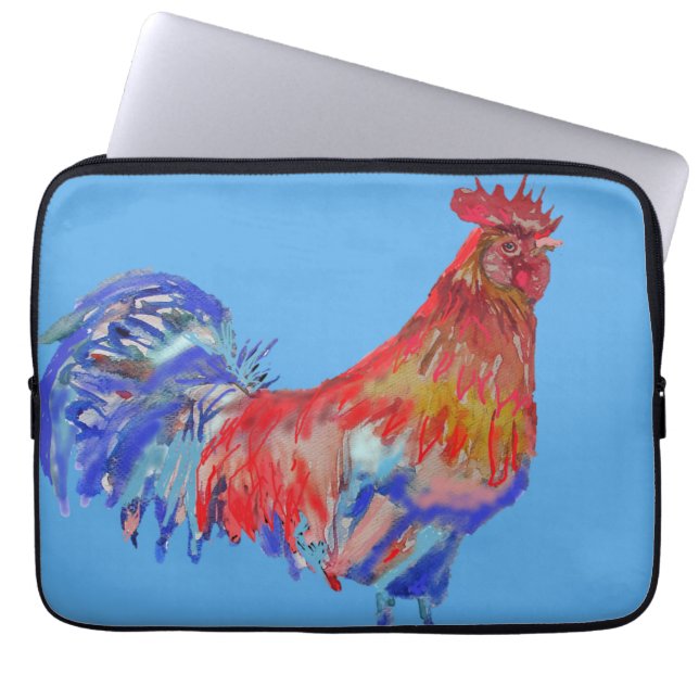 Red and Blue Rooster Watercolor Laptop Case (Front)