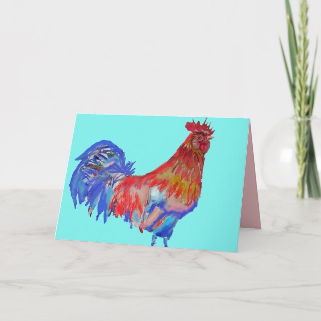 Red and Blue Rooster Watercolour Card Aqua (Front)