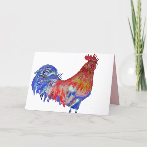 Red and Blue Rooster Watercolour Card Blue