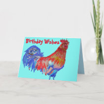 Red and Blue Rooster Watercolour Chicken Birthday  Card