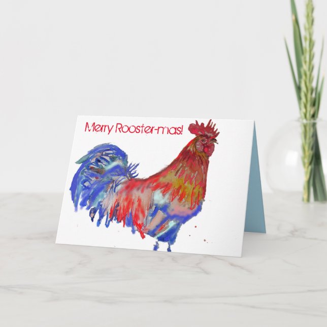 Red and Blue Rooster Watercolour Chicken Christmas Card (Front)
