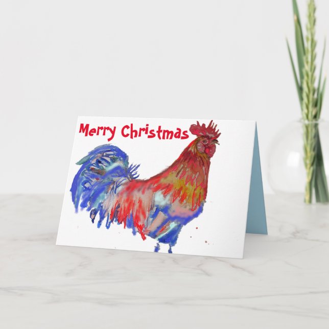 Red and Blue Rooster Watercolour Chicken Christmas Card (Front)