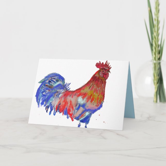 Red and Blue Rooster Watercolour Chicken Cockerel Card (Front)