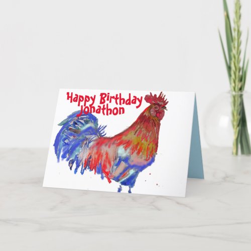 Red and Blue Rooster Watercolour Chicken Mens Name Card