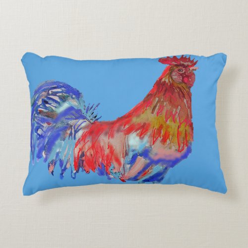 Red and Blue Rooster Watercolour Decor Cushion