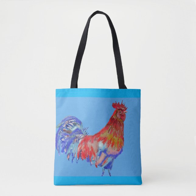 Red and Blue Rooster Watercolour Tote Bag (Front)