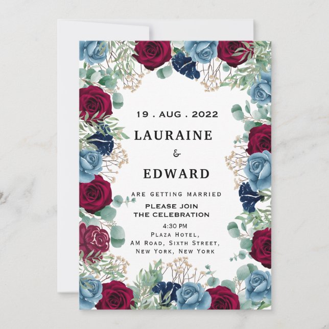 red and blue roses white floral calligraphy  invitation (Front)