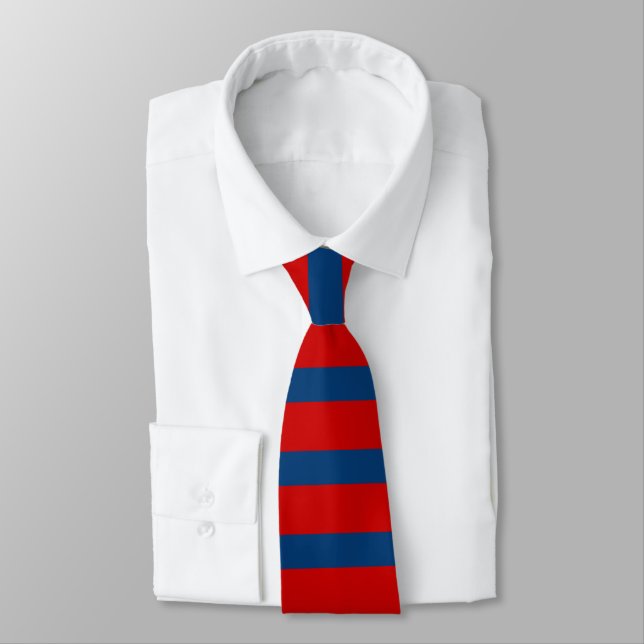 Red and Blue Rugby Stripe Tie (Tied)