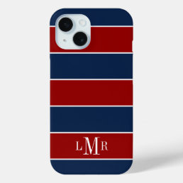 Red and Blue Rugby Stripes 3 Letter Monogram iPhone 15 Case