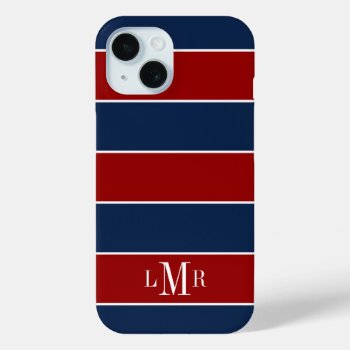 Red And Blue Rugby Stripes 3 Letter Monogram Iphone 15 Case by heartlockedcases at Zazzle