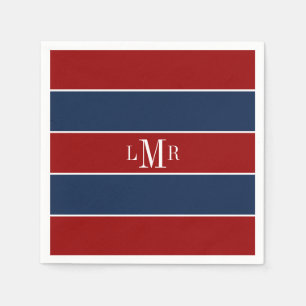 Red and Blue Rugby Stripes 3 Letter Monogram Paper Napkins