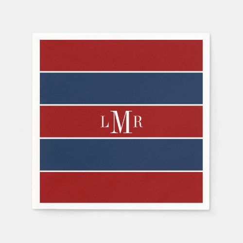 Red and Blue Rugby Stripes 3 Letter Monogram Paper Napkins