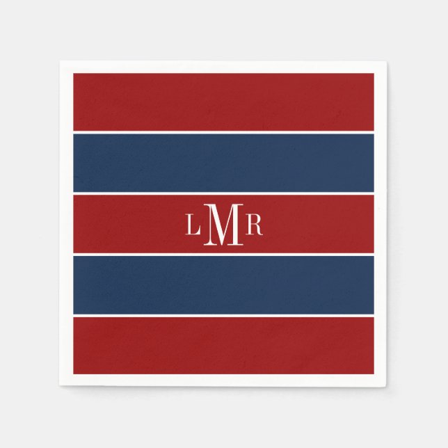 Red and Blue Rugby Stripes 3 Letter Monogram Paper Napkins (Front)